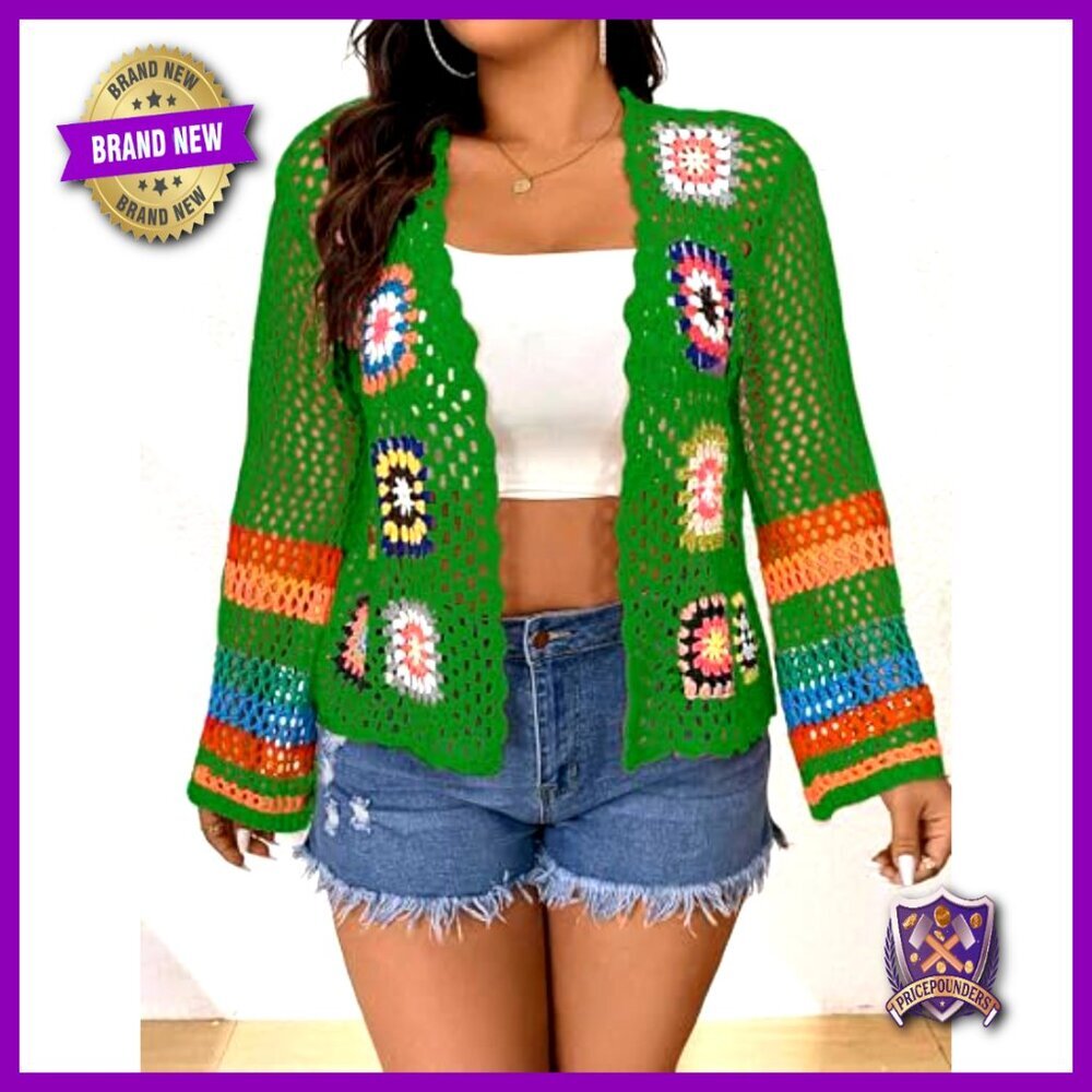 Crochet Cardigan Boho Hollow Out Sweater Open Front Long Sleeves - Picture 6 of 7